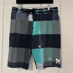 Hurley Swim Trunks Mens 32 Board Shorts Plaid Blue Black Surfing